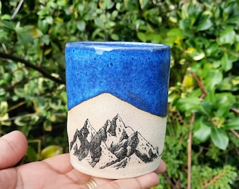 Mountains under the midnight blue sky Tumbler,  Handmade Ceramic Tumbler, Indigo Float Glaze. Stoneware Clay.