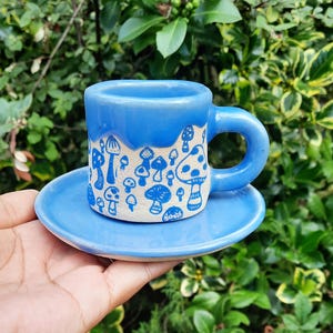 Blue Mushroom Espresso Cup, Stoneware Handmade Espresso Cup, Mushrooms Espresso Cup, Gift for him, Gift for her.
