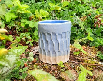 Handmade Ceramic Tumbler, Mushrooms Design, Light Blue Glaze. Stoneware Clay.