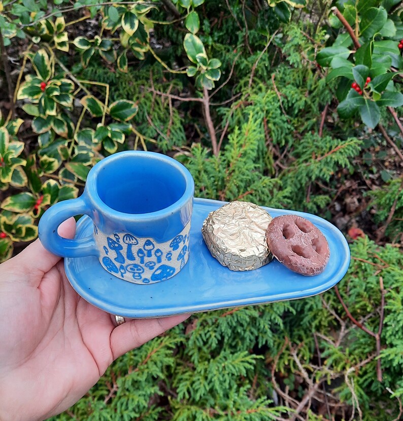 Blue Mushroom Espresso Cup, Stoneware Handmade Espresso Cup, Mushrooms Espresso Cup, Gift for him, Gift for her. image 8