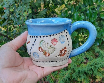 Handmade Mug, Nature Leaves, birds and Insects Design Pattern Mug, Ceramic Mug, Stoneware Mug, Gift for him, Gift for her, Blue Glaze.