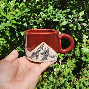 Handmade Mountain Cup, Ceramic Cup, Stoneware Cup, Handmade Cup, Gift for him, Gift for her, Tea cup, Deep Firebrick Mountain Design Cup.