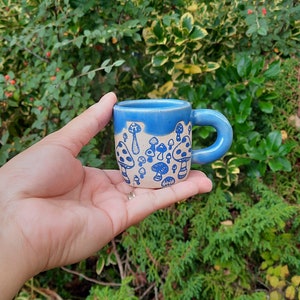 Blue Mushroom Espresso Cup, Stoneware Handmade Espresso Cup, Mushrooms Espresso Cup, Gift for him, Gift for her. image 4