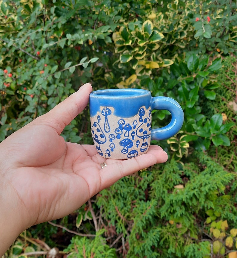 Blue Mushroom Espresso Cup, Stoneware Handmade Espresso Cup, Mushrooms Espresso Cup, Gift for him, Gift for her. image 4