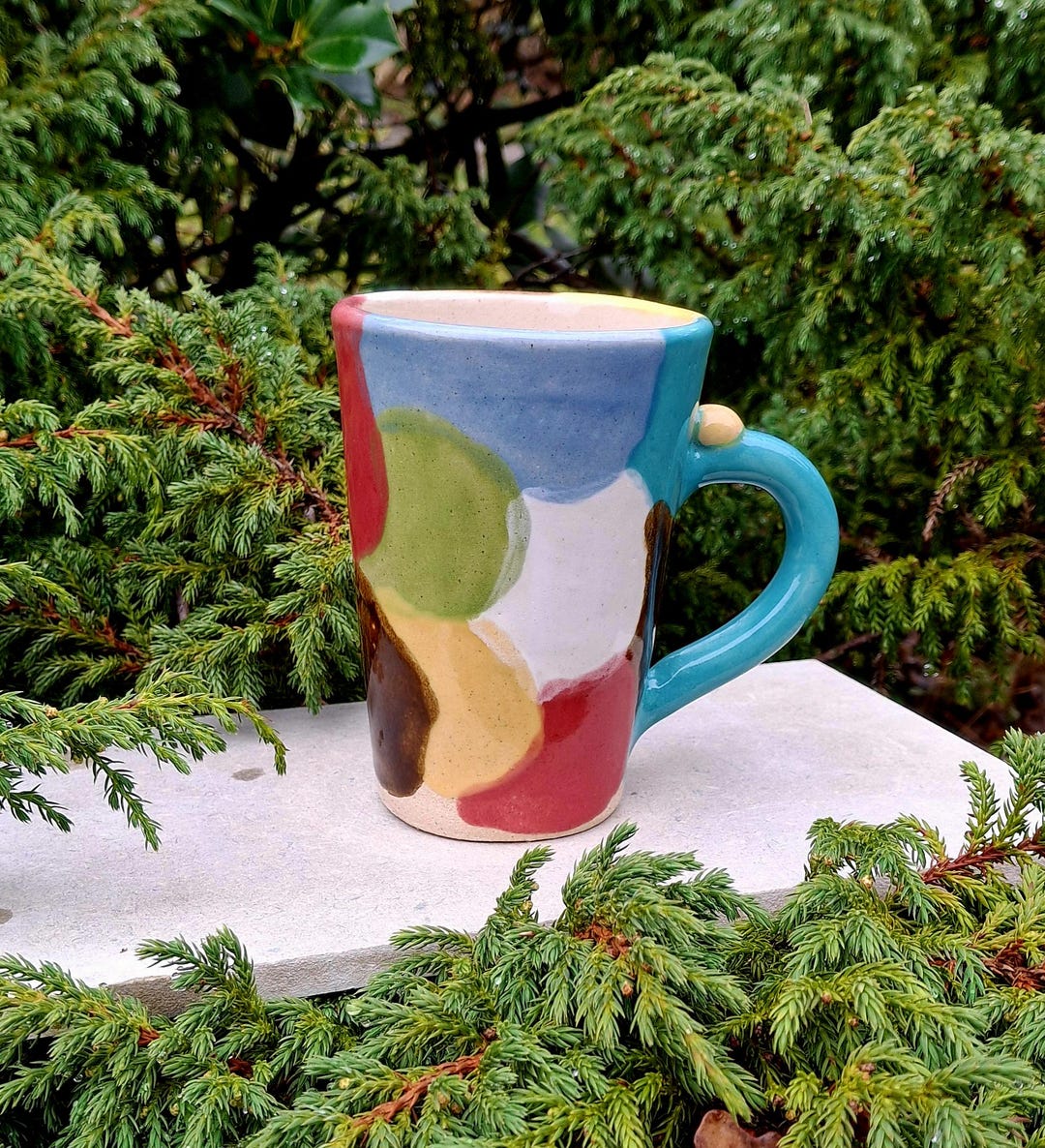 Handmade Abstract Colorblock Ceramic Mug, Tall Cone Shape Stoneware Mug ...