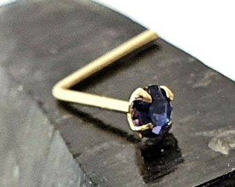 Gold Nose Stud Genuine Tanzanite Gemstone Crystal Gold Nose Stud 9k Yellow Gold 2mm Gemstone 22g (0.6mm) L Bent Stud (B3g18L)