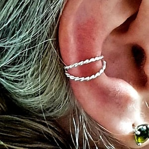 Clip On Cuff Ear Double Twist Helix Orbital Lip Wire Twin Ring 925 Fine Silver Unisex Bohemian Solid Sterling Silver Adjustable (bs51G1)