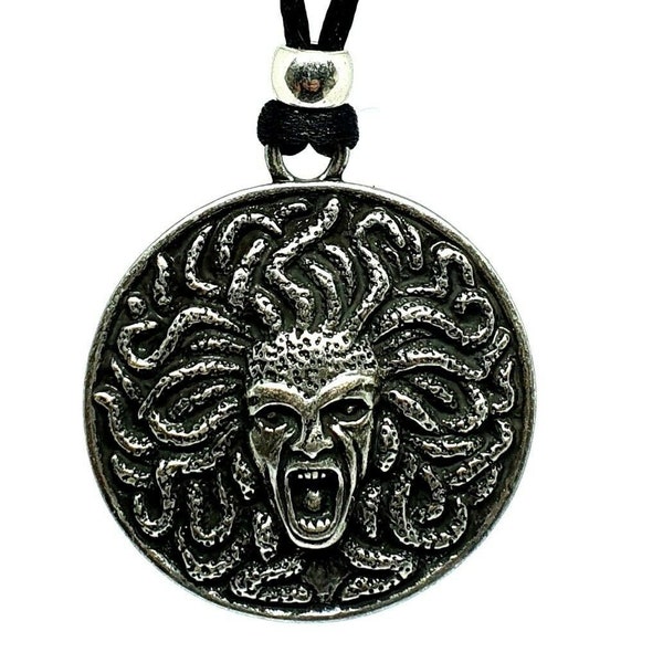 Medusa Pendant Necklace The Gorgon Greek Goddess Queen of Protection Titan Gorgon Beaded Pewter Tie Corded Lace Jewellery  (Cdraw1-Bin7)