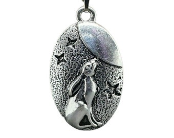 Moon Gazing Hare Pendant Necklace 18" Chain & Box Rebirth Ostara Spring Hare Pagan Wiccan Witch Costume Jewellery Boxed