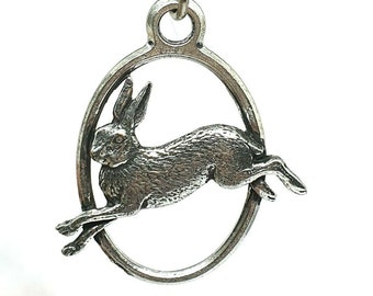 Running Hare Pendant Necklace Oval Inner Hare Symbol Pewter Imbolc Spring Ostara Pagan Wiccan Bohemian Corded Bead Necklace - Boxed (B43b)