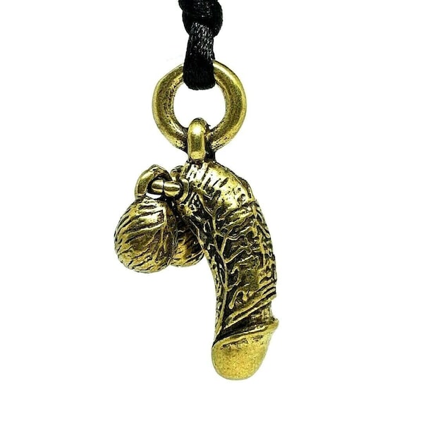 Cock & Balls Amulet Pendant Necklace Erotic Brass Phallic Penis Kink Necklace Love Attraction Luck Wealth Money Talisman Gift Pouch (CDraw)