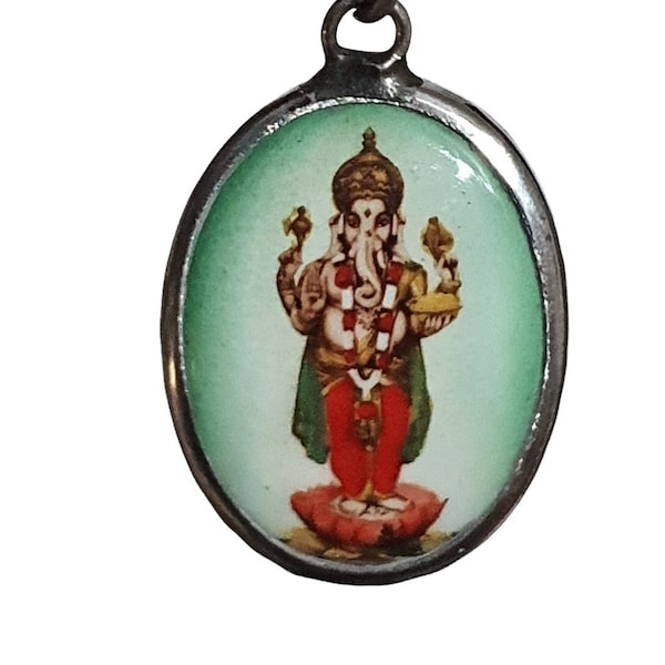 Ganesha Pendant Necklace Hindu Elephant God Porcelain Pewter Pendant Necklace Choice of Colour - Long 30" Waxed Cotton Cord Hindu Necklace.