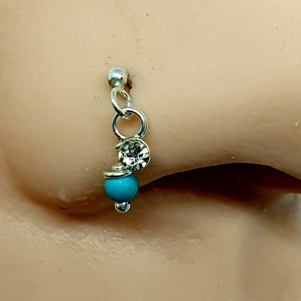 Piercing de nez exotique de Bali, 22 g (0,6 mm) en argent sterling 925, pierres précieuses, turquoise, perle, cristal, zircone cubique, zircone cubique, bout boule fait main (b2l4)