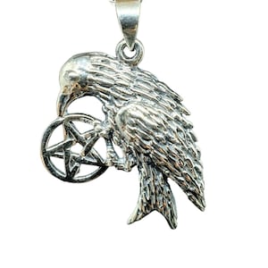 Raven Pendant Necklace Crow Holding a Pentacle Pentagram Pendant 925 Sterling Silver Amulet Talisman Chain Curb 18" Necklace (s5r1)