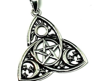 Moon Phase Pentacle Pendant Necklace Stars Diana Goddess Drawing Down Triquetra The Moon 18" Chain All 925 Sterling Silver Boxed (Bs4l25)