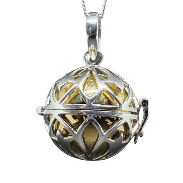 Lotus Angel Caller Locket Brass Chime Bell Ball 16mm -  18" Curb Chain All 925 Sterling Silver Namaste Stunning (Bs4l13)