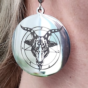 Baphomet Earrings Satan Horned Goat of Mendez Church of Satan Occult Satanic Polished Steel Statement Weighty Mirror Finish & Box (f4bn0)