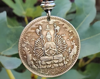 Guanyin Pendant Necklace The Thousand Arm Goddess Quan Yin Kuan Yin Compassion and Love Feng Shui Lucky Coin Amulet Pendant Necklace & Boxed