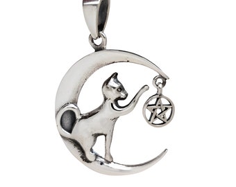 Playful Cat Pendant Necklace Dangling Pentacle Amulet Talisman 18" Chain 925 Sterling Silver Cat Lover Witch Feline Handmade & Boxed (bs5k1)