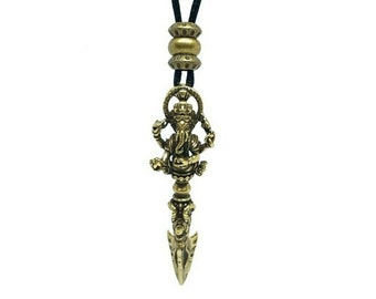 Ganesh Bronze Pendant Necklace Vajra Dorje Phurba Stake Protection Amulet Pendant Cord Necklace Hand Made Stunning Spiritual Pendant