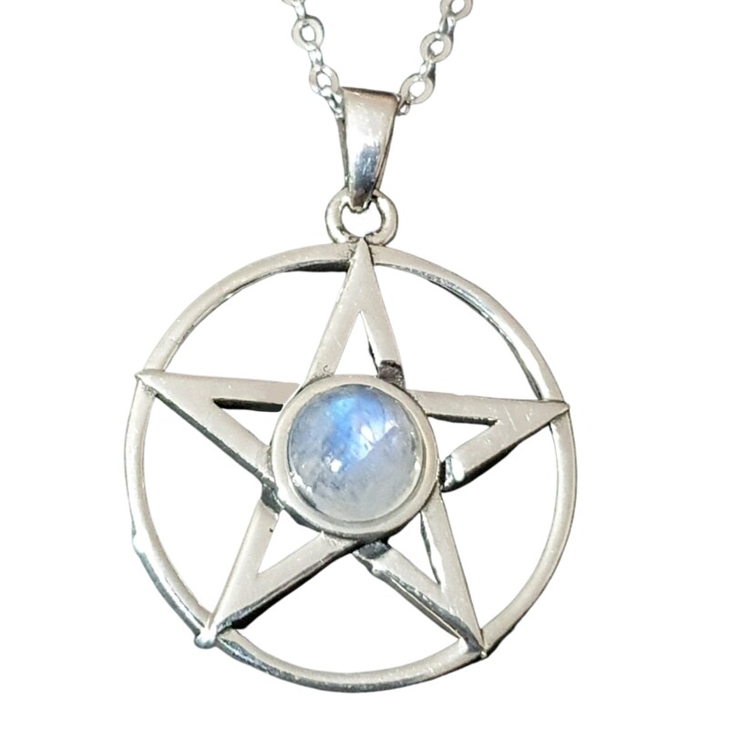 thumbnail image 2 of Sterling Silver Moonstone Pentacle Necklace – Wiccan Pagan Pentagram Pendant, 18" Chain 2 of 2