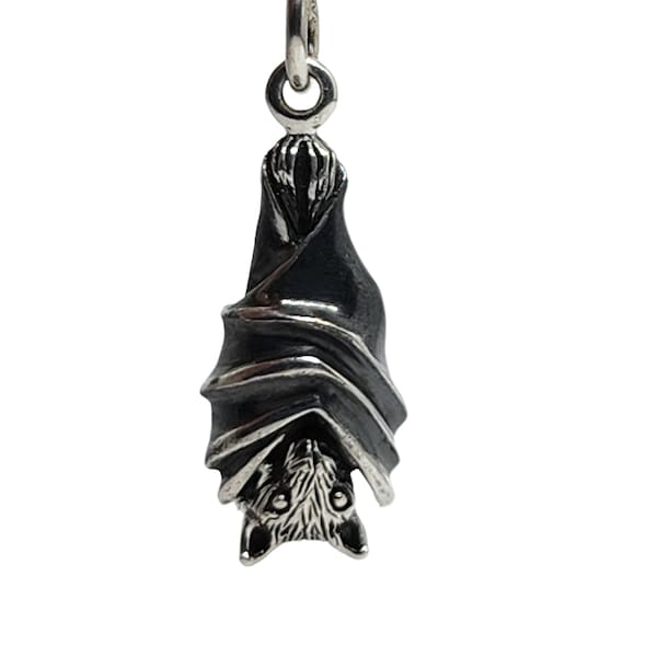 Collier avec pendentif chauve-souris chauve-souris bouclée en argent 925, pendentif chauve-souris nosferatu vampire réaliste, 18 po. chaîne en boîte, bijoux de luxe suspendus (bxs420)