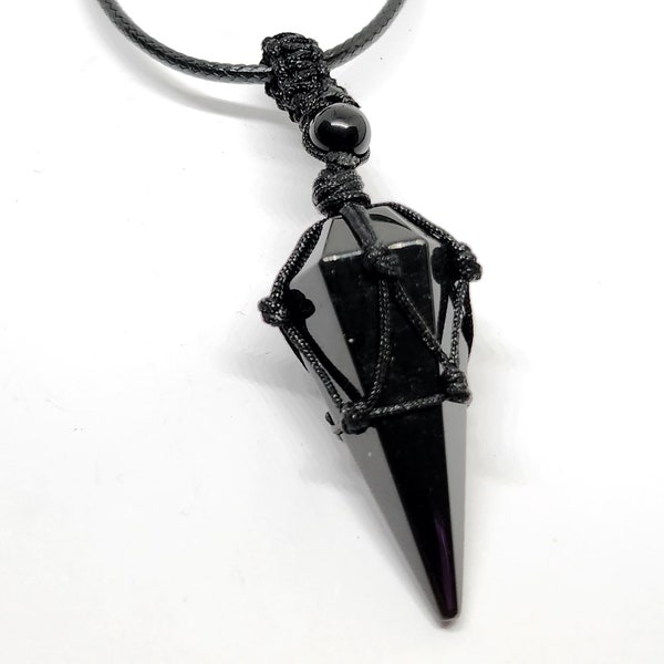 Obsidian Point Net Pendant Necklace Polished Apache Tear Dragon Glass Hexagonal Point Beaded 30" Cord Necklace Scrying Gemstone & Bag (Bn20)