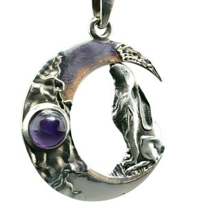 Amethyst Moon Gazing Hare Pendant Necklace 925 Sterling Silver Celestial Moon Crescent Gemstone 18&quot; Chain & Boxed Jewellery (Boxs5l1)