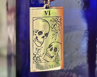 The Lovers Tarot Bronze Pendant Necklace Amulet Skulls Memento Mori Polished Pendant Brown Cotton Tie Cord Necklace Handmade & Box (stbxL13)