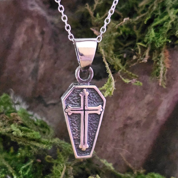 Coffin Cross Pendant Necklace 925 Sterling Silver 18" Rolo Cable Chain Gothic Steampunk Goth Emo Vamp Jewellery Unisex and Boxed (Bxs4L3)