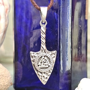 Odins Spear Pendant Viking Runes Script Valknut 925 Sterling Silver Brown Tie Cord Ornate Viking Amulet Norse Pagan Jewellery & Boxed (S66d)