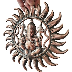 Copper Ganesh Ganesha God Ganapati Sun Surya Metal Wall Plaque 11 inch Copper Cast Stunning Wall Plaque Indoor