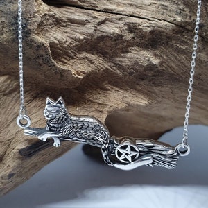 Cat Broomstick Besom Pendant Necklace Pentacle 925 Sterling Silver Witch's Familiar Pentacle 18" Chain Boxed Pagan Wiccan Witchcraft (SbL20)