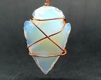 Opalite Arrowhead Pendant Necklace Small Knapped Opal Stone Peruvian  - Copper Wire 33" Tie Cord Pendant Necklace (Bin39)
