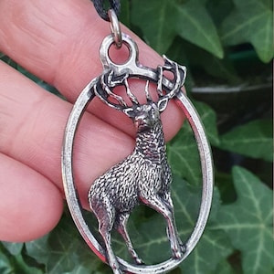 Stag Pendant Oval  Emperor Stag Strength Symbol Handmade Pewter Mabon Pagan Wiccan Bohemian Corded Bead Necklace - Boxed (B43b)