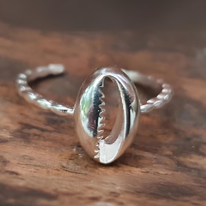 May include: Silver ring with a twisted band and a shell design. The shell is a cowrie shell, a type of sea shell.