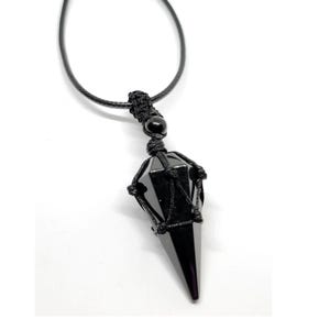 Obsidian Point Net Pendant Apache Tear Dragon Glass Necklace Scrying Gemstone & Velvet Bag