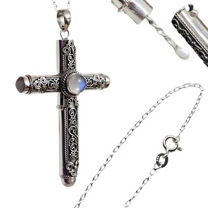 Moonstone Cross Locket Pendant 925 Silver Keepsake Ashes Prayer 24" Necklace Memorial Gift & Boxed