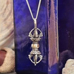 Dorje Vajra Pendant 925 Sterling Silver Prayer Necklace Thunderbolt Protection Amulet Talisman 18 inch Curb Chain Jewellery & Box (bxs4L23)