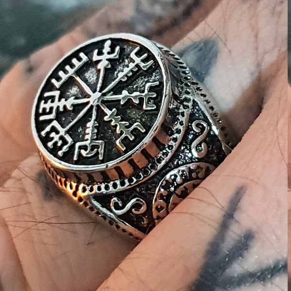 Viking Ring Vegvisir Rune Compass Norse Nordic Silver Tone Adjustable - Norse Pagan- Cast Pewter The Way Finder, Protection Odin All Father