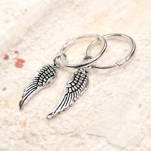 Pendientes de ala de ángel con plumas de plata de ley 925, aro de arcángel con bisagras y caja.