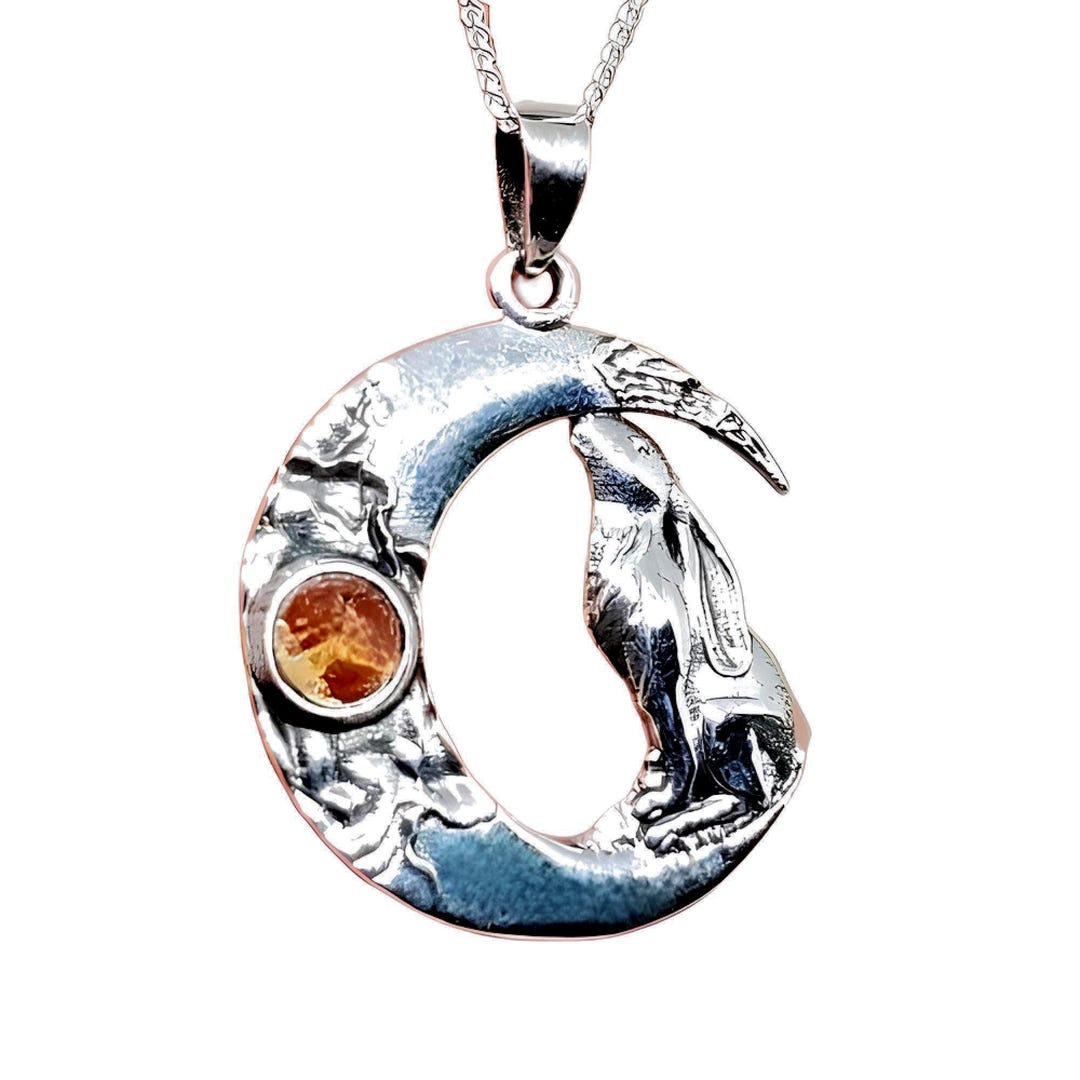 Citrine Lunar Hare Pendant Necklace Harvest Equinox Moon Crescent