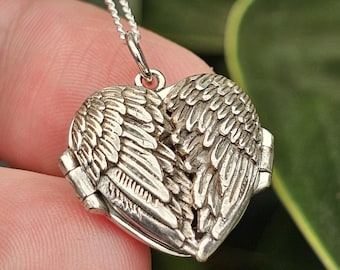 Angel Wing Heart Locket Sterling Silver Necklace Memorial Keepsake Pendant Prayer Jewellery Gift