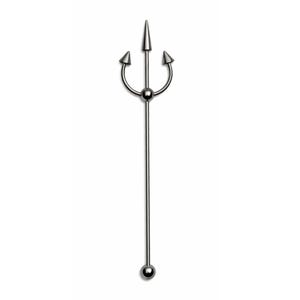 May include: A silver-colored industrial barbell body piercing. The top features a trident design with three curved prongs and a central spike. The barbell has a long, straight bar with a ball at the bottom. The piercing is shown against a white background.