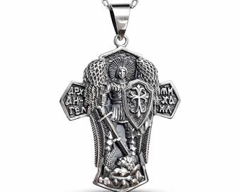 Saint Michael Pendant Sterling Silver 925 Archangel Necklace Orthodox Protection Cross Religious Jewellery
