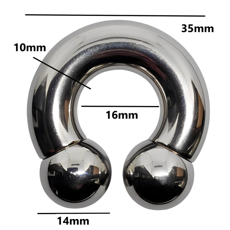 May include: A polished, silver-colored horseshoe-shaped body jewelry. The overall width is 1.4 inches, with a 0.4-inch thickness. The inner diameter is 0.6 inches, and the outer diameter is 1.4 inches. Two spherical ends complete the design.