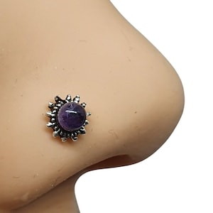 Amethyst Sun Flower Nose Stud Piercing Gemstone Bali 22g (0.6mm) 925 Sterling Silver Straight L Bendable Stud Body Jewellery (b5l21)