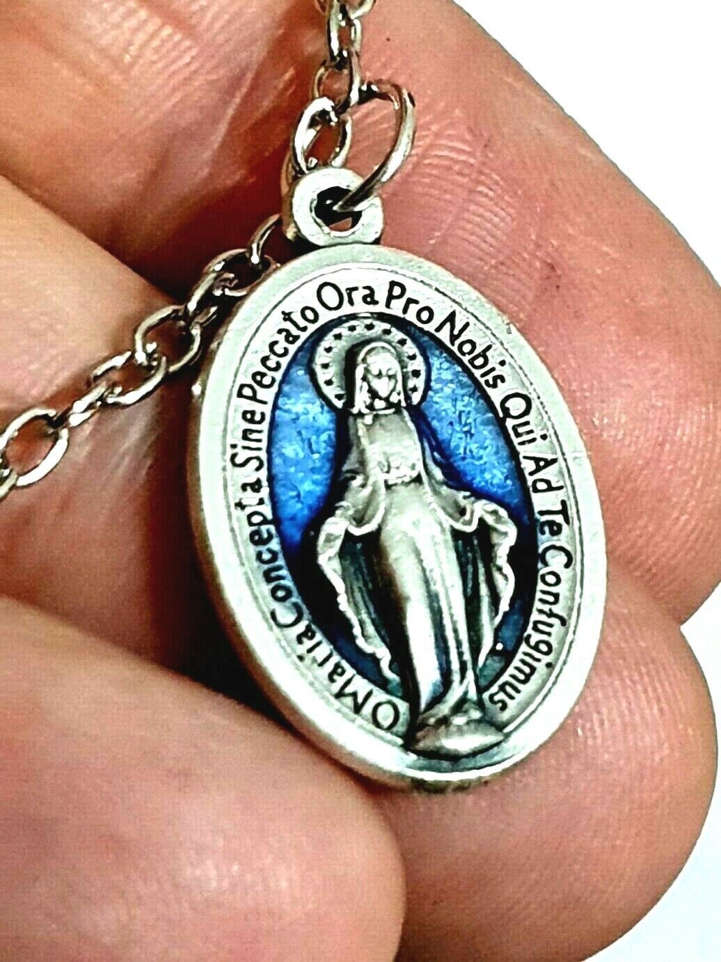 Our Lady of the Miraculous Medal Pendant Necklace Lourdes Blue Enamel ...
