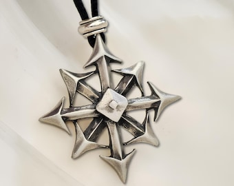 Chaos Star Necklace Pendant Crowley Chaostar 8 Pointed Large Pewter Gothic Occultist Star Magik Spectral Spiritual Energy Jewellery & Boxed