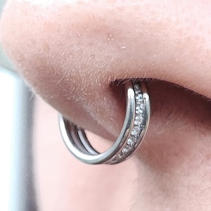 Nose Ring CZ Segment Channel Nose Ring Septum Clicker 16g (1.2mm) 316L Steel 19 Gem Earring Hinged Piercing 10mm Body Jewellery (bxs1L29)